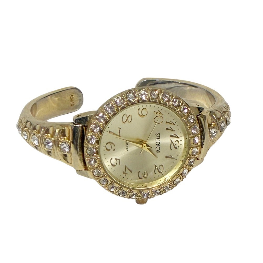 Studio Time Cuff Watch Rhinestones Goldtone‎ Metal Band